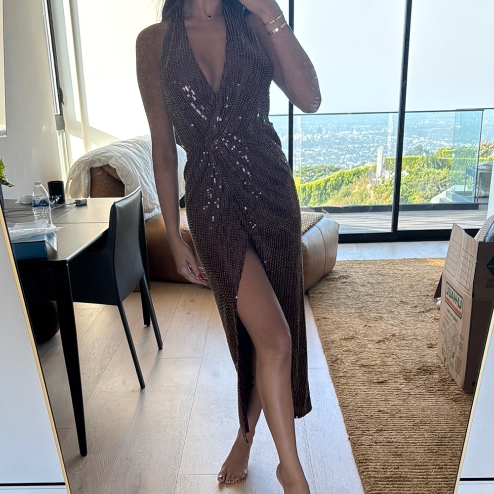 Elegant Brown Sequin Midi Dress
